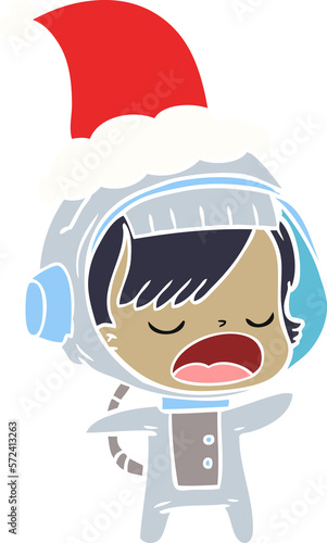 flat color illustration of a talking astronaut woman wearing santa hat