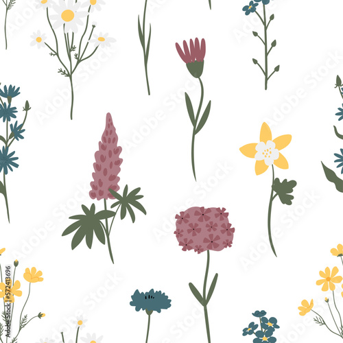 wildflower seamless pattern, floral digital paper, woman illustration clipart, cottagecore background clip art, Vector illustration in flat cartoon style.
