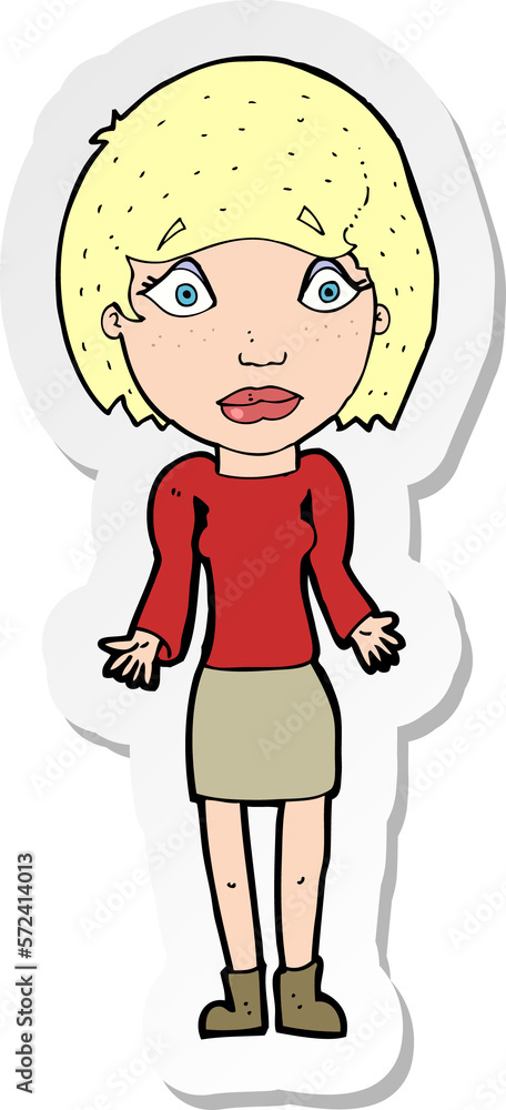 sticker of a cartoon woman shrugging shoulders sticker of a cartoon woman shrugging shoulders
