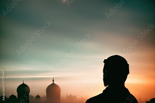 Obraz na płótnie Muslim praying in a mystical environment, silhouette photo, no face visible, gen