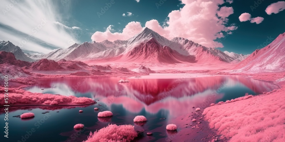Abstract, beautiful pink landscape. Pink mountains and forests above the water, lake and under the sky with thick clouds. Generative AI.