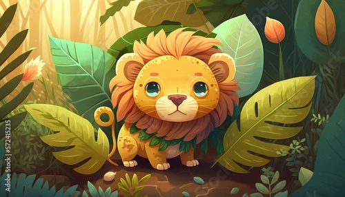 Cute lion in the jungle illustration with shading — Generative AI