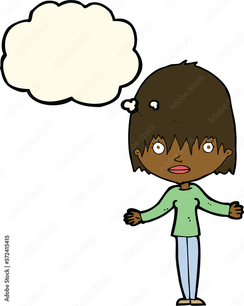 cartoon woman shrugging shoulders with thought bubble cartoon woman shrugging shoulders with thought bubble