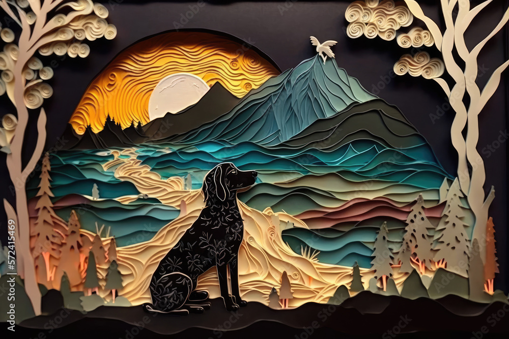 Paper Quilling Mystical Scenic with a Dog Background Paper Quilling