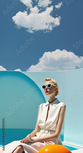 Portrait of a young beautiful girl with sunglasses enjoying her vacation by the pool. Summer sunny day, blue sky with clouds background. Generative AI.