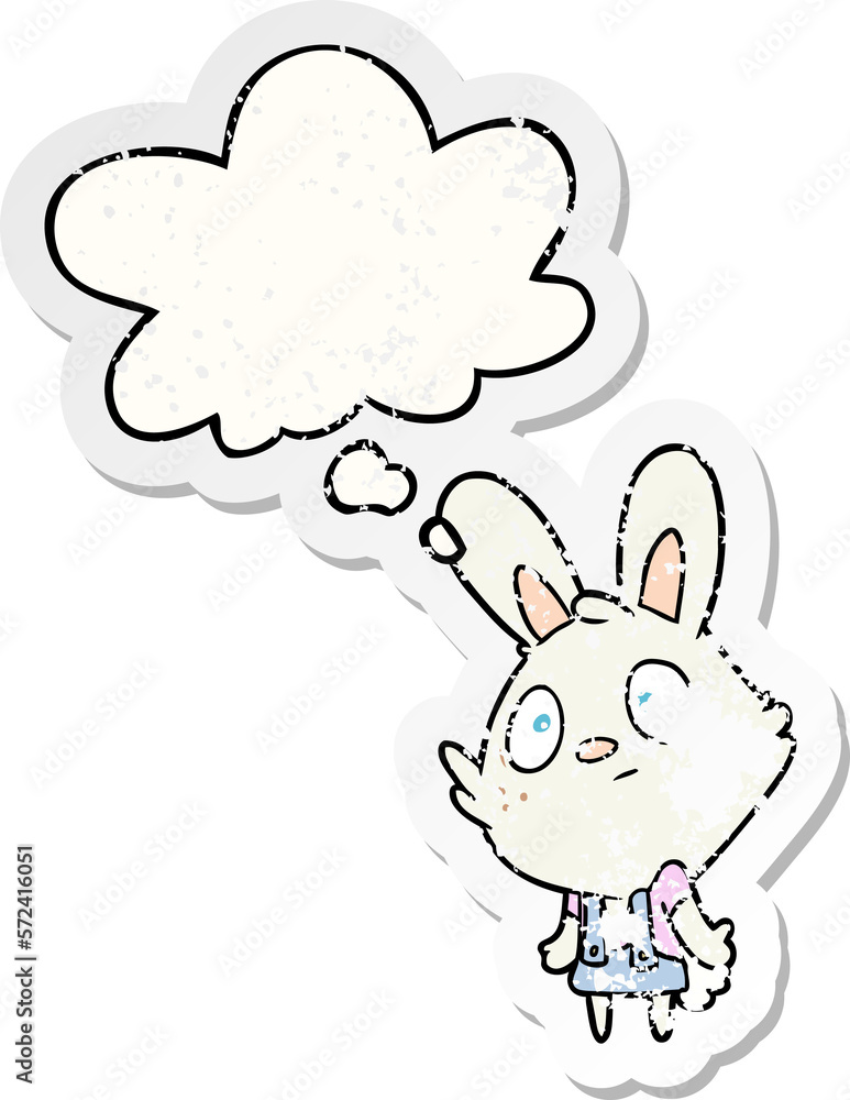 cartoon rabbit shrugging shoulders and thought bubble as a distressed worn sticker cartoon rabbit shrugging shoulders and thought bubble as a distressed worn sticker