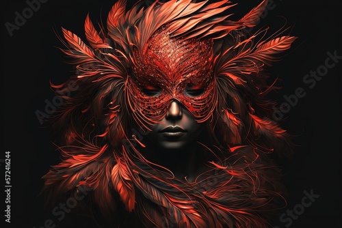Beautiful carnival mask made of red feathers. AI