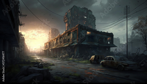 Apocalyptic landscape   post apocalypse city   dystopia   fallout  destroyed town   AI