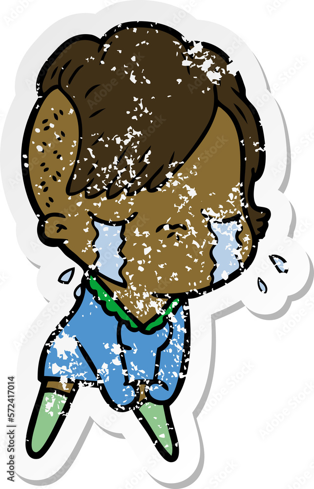 distressed sticker of a cartoon crying girl distressed sticker of a cartoon crying girl