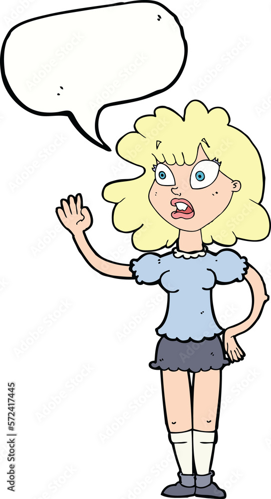 cartoon worried woman waving with speech bubble cartoon worried woman waving with speech bubble