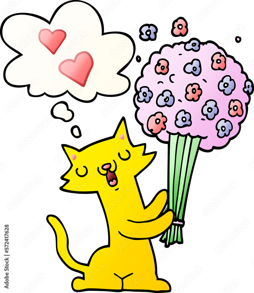 Fototapeta premium cartoon cat in love with flowers and thought bubble in smooth gradient style