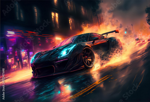 Car drifting action scene in the city at night concept art speed race , AI
