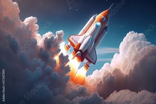 Illustration of a rocket taking off into space  sparks  smoke  smog. AI