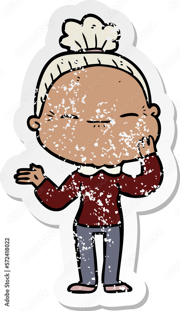 distressed sticker of a cartoon peaceful old woman distressed sticker of a cartoon peaceful old woman