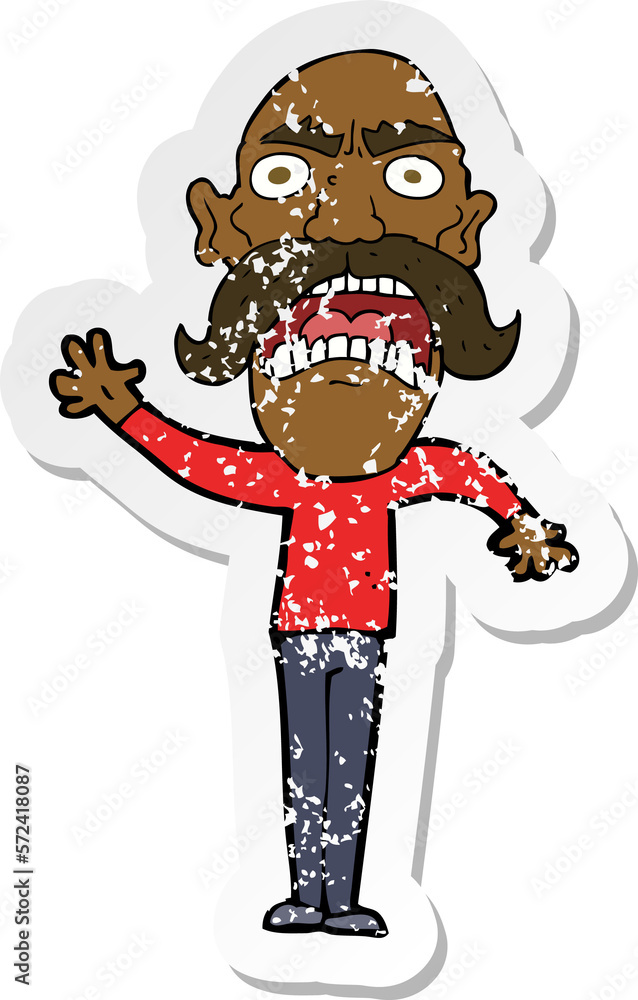 retro distressed sticker of a cartoon angry old man retro distressed sticker of a cartoon angry old man