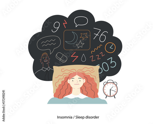 Mental disorders illustration. Insomnia, sleep disorder - modern flat vector illustration of a woman meeting with a sleep disorder trying to fall asleep. People emotional, psychological, mental