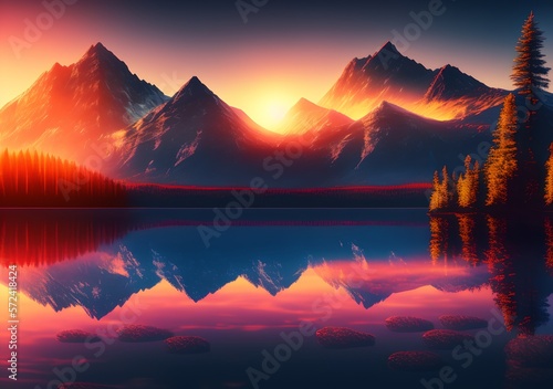Mountain Landscape with Lake, Generative AI Illustration