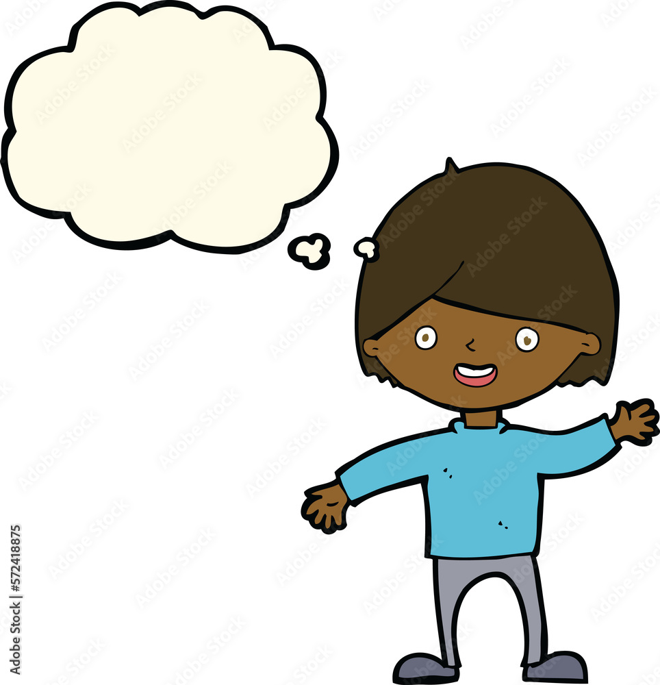 cartoon waving boy with thought bubble