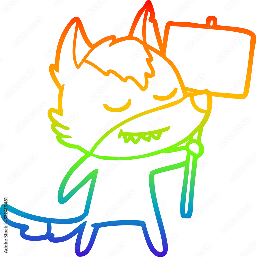 rainbow gradient line drawing friendly cartoon wolf with blank sign