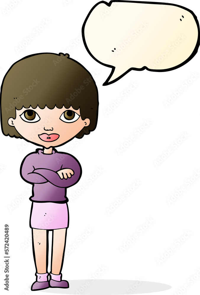 cartoon woman with folded arms with speech bubble cartoon woman with folded arms with speech bubble