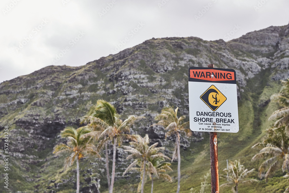 Warning sign Dangerous Shore Break at a beach on Kauai Hawaii with blurred palms and mountains in the background 