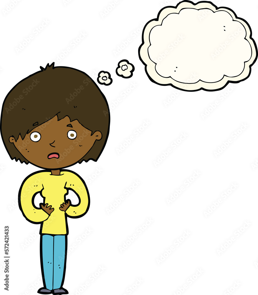 cartoon woman making Who Me? gesture with thought bubble cartoon woman making Who Me? gesture with thought bubble