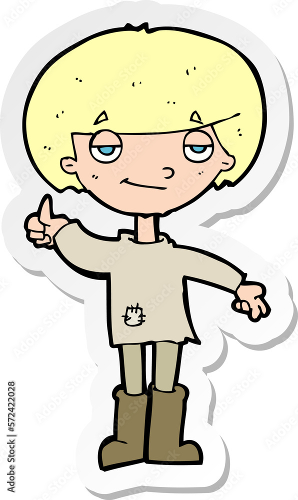 sticker of a cartoon boy in poor clothing giving thumbs up symbol sticker of a cartoon boy in poor clothing giving thumbs up symbol
