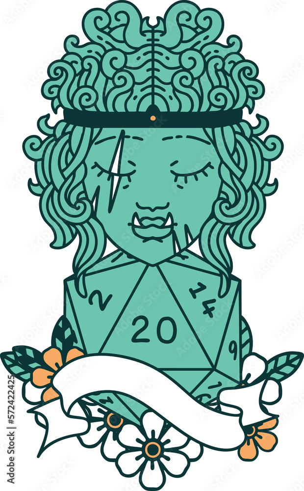 half orc barbarian character with natural twenty dice roll illustration half orc barbarian character with natural twenty dice roll illustration
