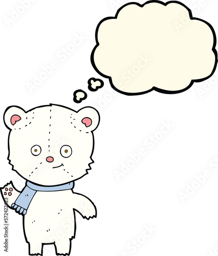 cartoon polar bear waving with thought bubble