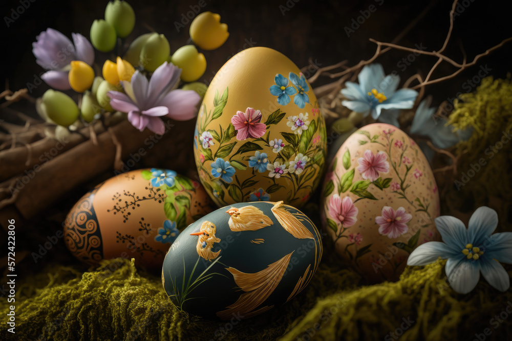 Easter eggs in a nest. Generative AI