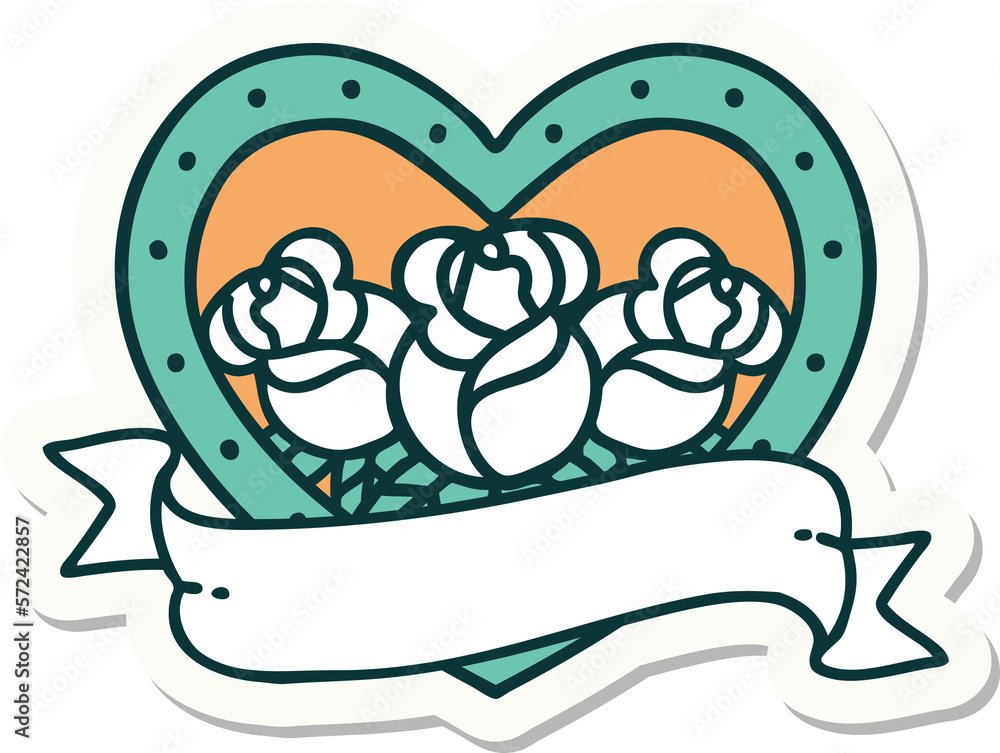 tattoo style sticker of a heart and banner with flowers tattoo style sticker of a heart and banner with flowers
