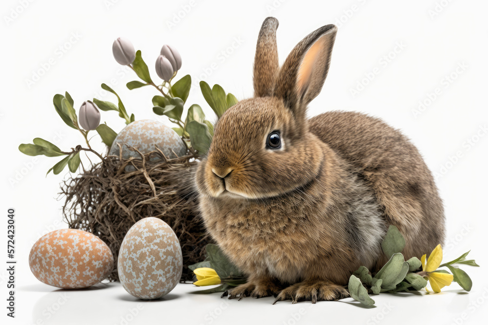 Cute bunny with Easter eggs on a white background. Generative AI