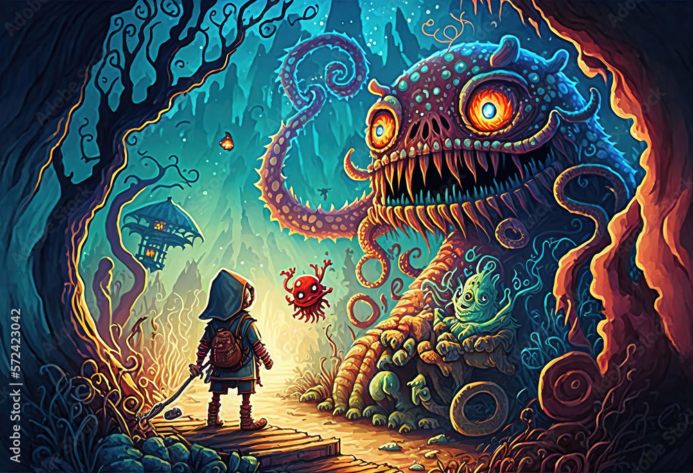 Naklejka premium Fantasy creature. cartoon color story. sketch art for artist creativity and inspiration. generative AI 