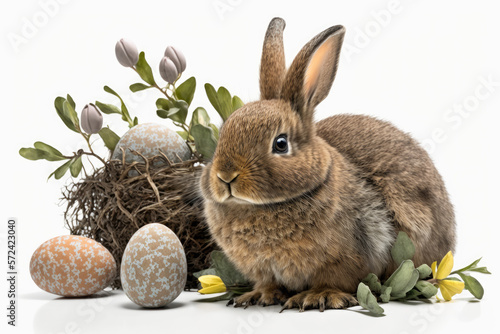 Obraz na płótnie Cute bunny with Easter eggs on a white background. Generative AI w salonie