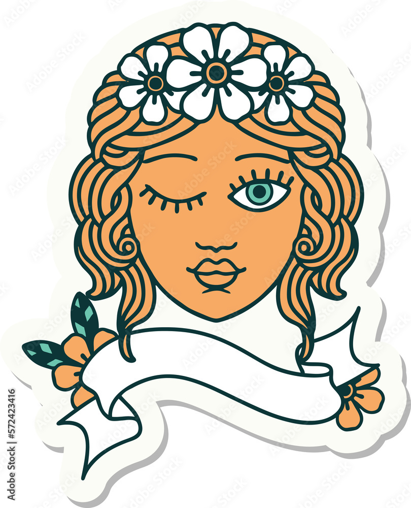 tattoo sticker with banner of a maidens face winking tattoo sticker with banner of a maidens face winking