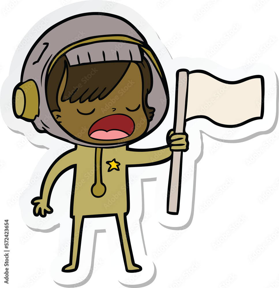sticker of a cartoon astronaut woman waving flag sticker of a cartoon astronaut woman waving flag