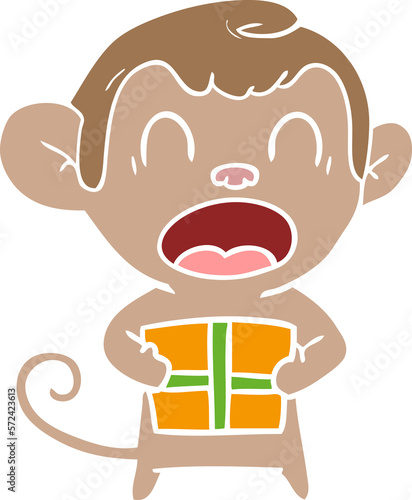 shouting flat color style cartoon monkey carrying christmas gift