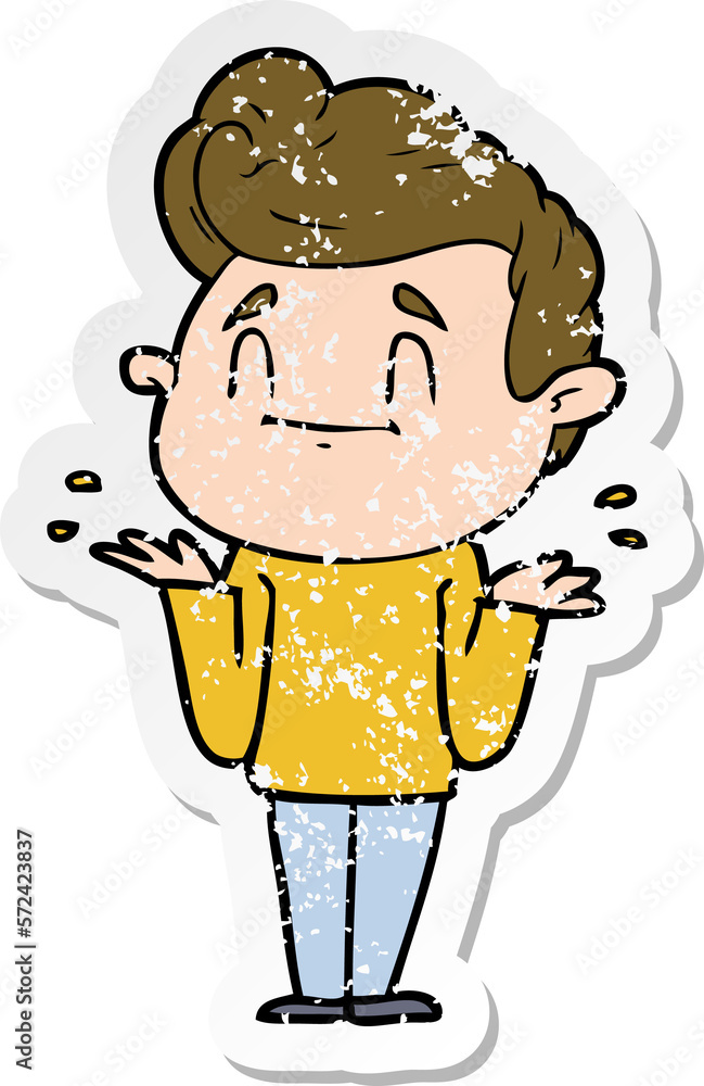 distressed sticker of a happy cartoon man shrugging distressed sticker of a happy cartoon man shrugging
