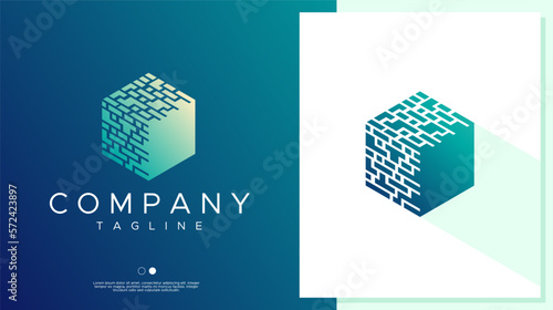 Modern abstract digital pixel cube box logo design