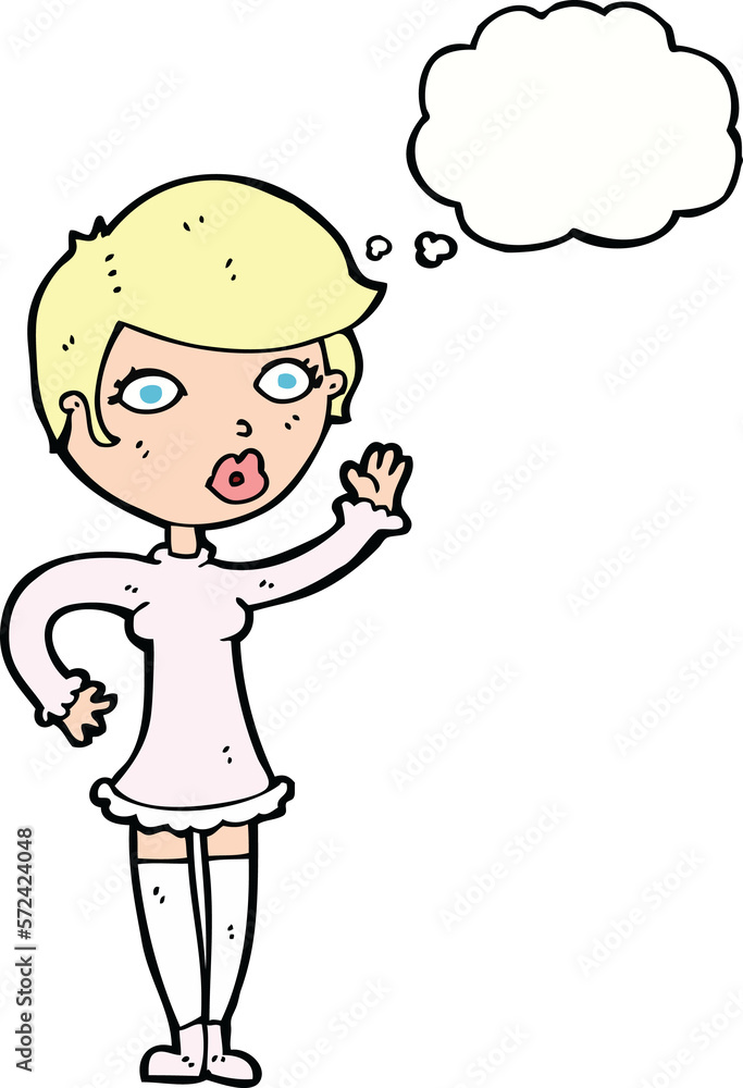 cartoon pretty woman waving with thought bubble cartoon pretty woman waving with thought bubble