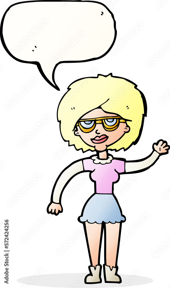 cartoon waving woman wearing spectacles with speech bubble cartoon waving woman wearing spectacles with speech bubble