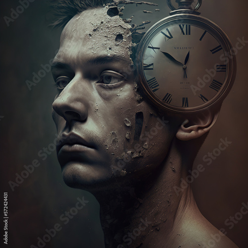 Man's face crumbles under the passage of time