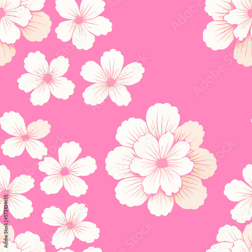 Flowers seamless pattern. Abstract floral blossom design illustration. Trendy colorful summer white flowers on pink background. Modern floral tile pattern for fashion textile fabric, cloth, home decor