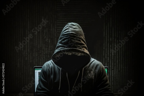 faceless hacker in a black hoodie looking at a computer screen, dark web, hacker, cybersecurity, wires, AI, generative