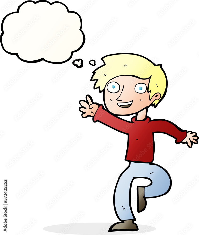 cartoon excited boy dancing with thought bubble