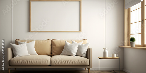 mock up poster in wooden frame in modern living room with sofa. generative ai