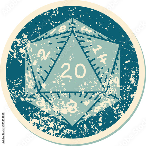 distressed sticker tattoo style icon of a d20 dice photo