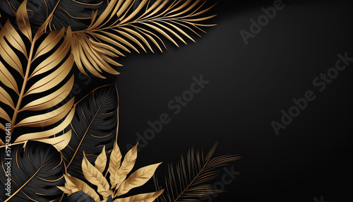 Luxury floral background with golden and black palm  monstera leaves on black background with empty space for text.