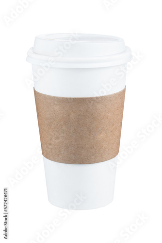 Takeaway paper coffee cup with brown sleeve isolated on white.  Full Depth of field. Focus stacking. PNG