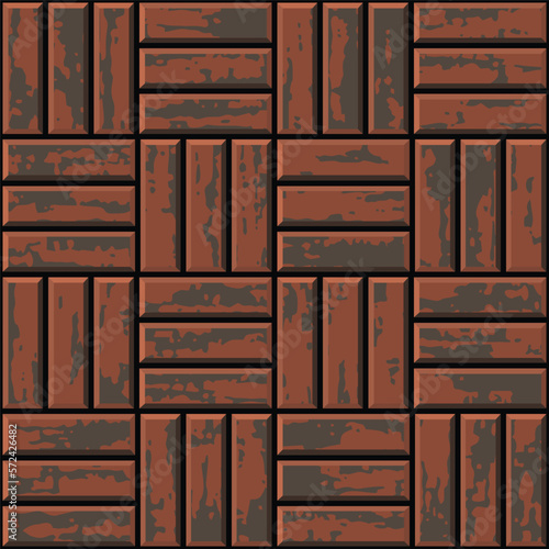 Red seamless pattern of paved floor. Garden mosaic texture in top view. Slab pavement. Coating with grunge textured paving tiles of square shape. Old stone brick surface. Vector background